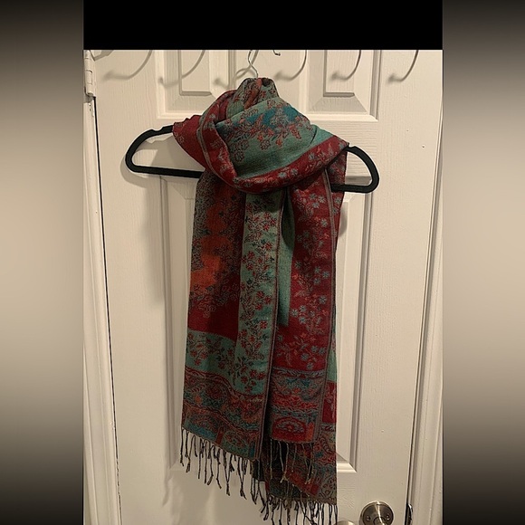 Accessories - Women’s Paisley Fringed Burgundy and Green Scarf Shawl Wrap
